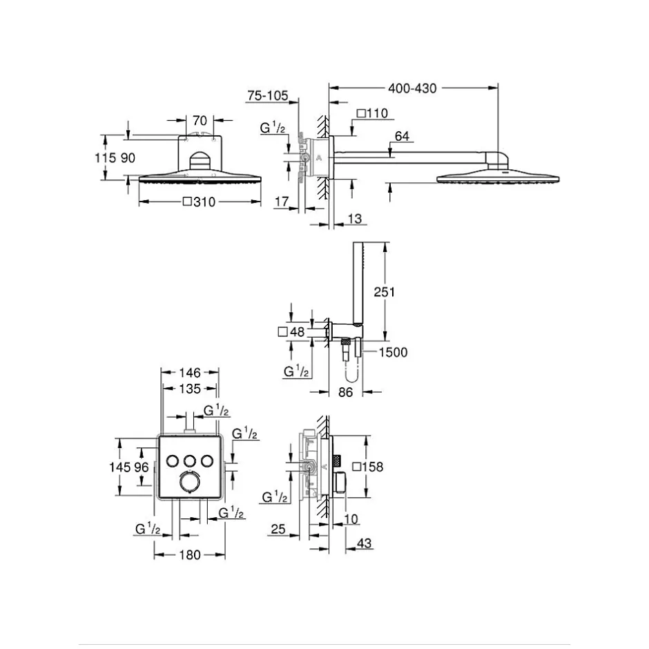 Grohe Precision SmartControl Set de douche encastrée façade thermostatique + Douche de tête 2 jets + Douchette, chrome (G34875000)