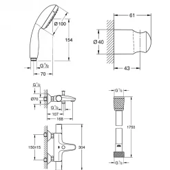Grohe Set de douche mitigeur bain/douche thermostatique + Douchette 2 jets + support mural + Flexible 1750 mm, noir mat