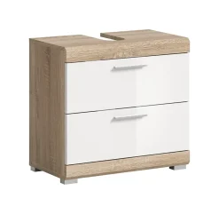 Chb Collection Hako - Meuble sous-lavabo (L/H/P : 60x56x34 cm) en imitation chêne Sonoma clair et blanc brillant embouti* Meuble Sous Lavabo