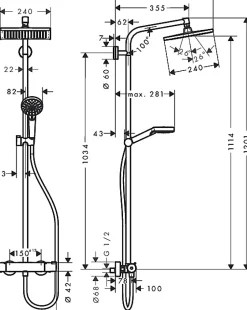 Hansgrohe Colonne de douche avec mitigeur thermostatique + Douche de tête Crometta E 240 + Douchette 2 jets + Porte savon