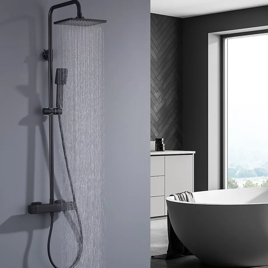 Homelody Colonne de Douche Thermostatique Noir, Ensemble de Douche Thermostat avec Douchette, Hauteur Réglable