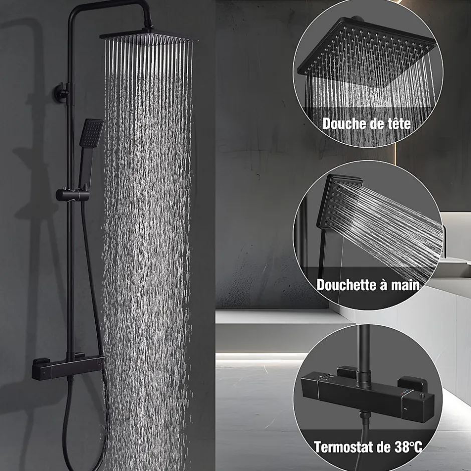 Homelody Colonne de Douche Thermostatique Noir, Ensemble de Douche Thermostat avec Douchette, Hauteur Réglable