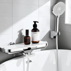 Homelody Robinet Baignoire avec Tablette370 mm, Douchette à Main et Sortie Bain, Chrome