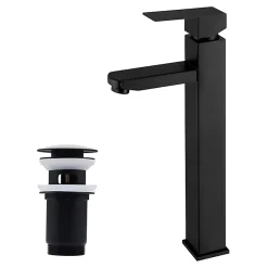 Homelody Robinet Lavabo Haut Noir + Vidage Pop-Up Automatique, Ensemble Robinetterie Moderne