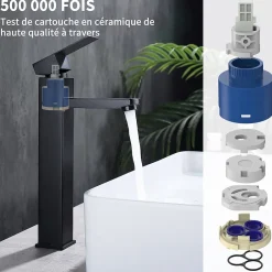 Homelody Robinet Lavabo Haut Noir + Vidage Pop-Up Automatique, Ensemble Robinetterie Moderne