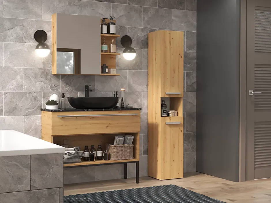 Topeshop HORTI - Meuble salle de bain avec panier à linge - 31x30x174cm - Colonne rangement SDB
