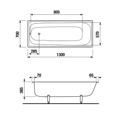 Jika (Groupe Roca) Riga 130 x 70 cm Baignoire gain de place 150 L en acier émaillé, sans pieds, blanc (H2340300000001)
