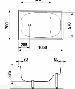 Jika (Groupe Roca) Riga 105 x 70 x 37.5 cm Baignoire gain de place en acier émaillé, sans pieds, blanc (H2340000000001)* Baignoire Droite