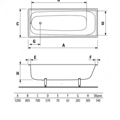 Jika (Groupe Roca) Riga 120 x 70 cm Baignoire gain de place 140 L en acier émaillé, sans pieds, blanc (H2340200000001)* Baignoire Droite