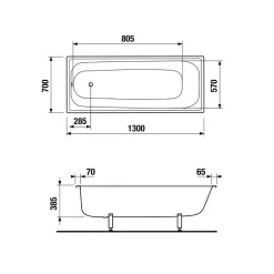 Jika (Groupe Roca) Riga 130x70 cm baignoire gain de place 150 L en acier émaillé avec pieds, gauche et droite, blanc (3403-SET)* Baignoire Droite