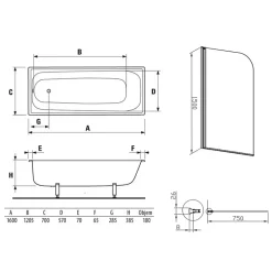 Jika (Groupe Roca) 160x70 cm Ensemble baignoire Riga universelle + Pare baignoire pivotant chrome + pieds (3406-SETP)