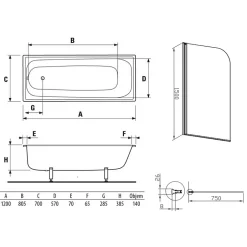 Jika (Groupe Roca) 120x70 cm Ensemble baignoire Riga universelle + Pare baignoire pivotant chrome + pieds (3402-SETP)
