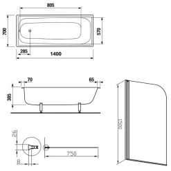 Jika (Groupe Roca) 140x70 cm Ensemble baignoire Riga universelle + Pare baignoire pivotant chrome + pieds (A140-SETP)