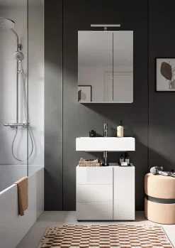 Chb Collection Kai - Meuble sous-lavabo (L/H/P : 60x56x34 cm) en mélamine blanche et blanc brillant profond