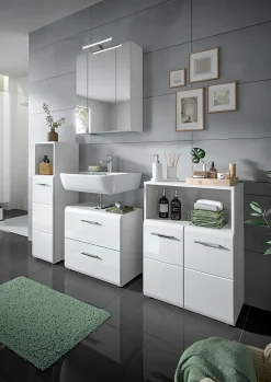 Chb Collection Kai - Meuble sous-lavabo (L/H/P : 60x54x32 cm) en imitation blanc et blanc brillant embouti