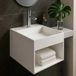 Ambra KARAE - Lave-mains carré suspendu - Design Elégant et Raffiné - Solide et Robuste - Entretien Facile - Blanc - 33 x 33 x 25 cm