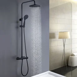 Kibath Colonne de douche thermostatique ronde 83-120 cm finition NOIR mat en laiton