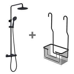 Kibath Pack colonne et porte-gel thermostatique rond, finition noir mat, en laiton* Colonne De Douche Thermostatique