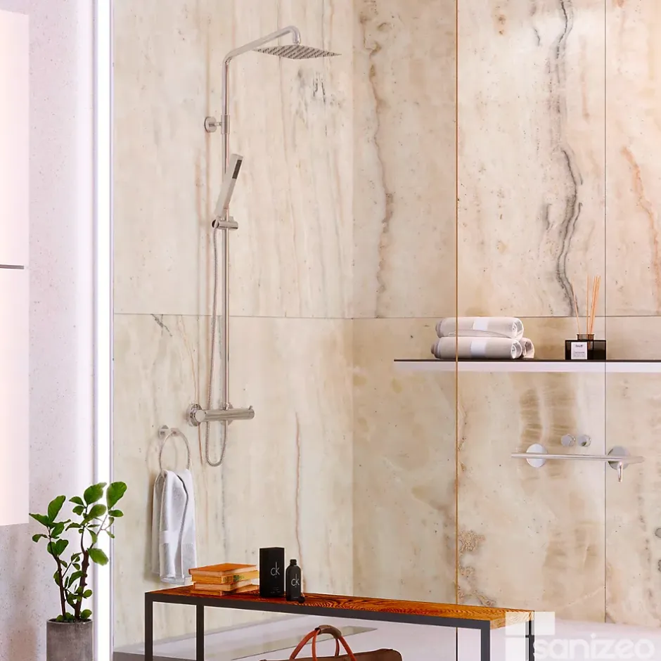 Kobert-in Kit de 2 Panneaux d'Habillage Décoratif Mural Douche, L120xl120x0.4 cm, finition marbre beige, Sabana KOBERTIN