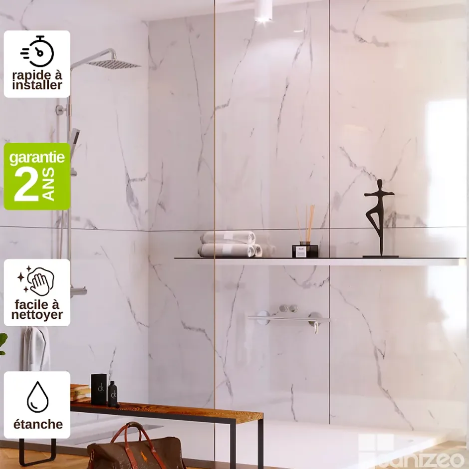 Kobert-in Kit de 2 Panneaux d'Habillage Décoratif Mural Douche, L120xl120x0.4 cm, finition marbre blanc, Mud White KOBERTIN