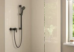 Hansgrohe Kit de douche sans robinetterie avec pommeau + douchette 2 jets + barre réglable, noir, Vernis Blend