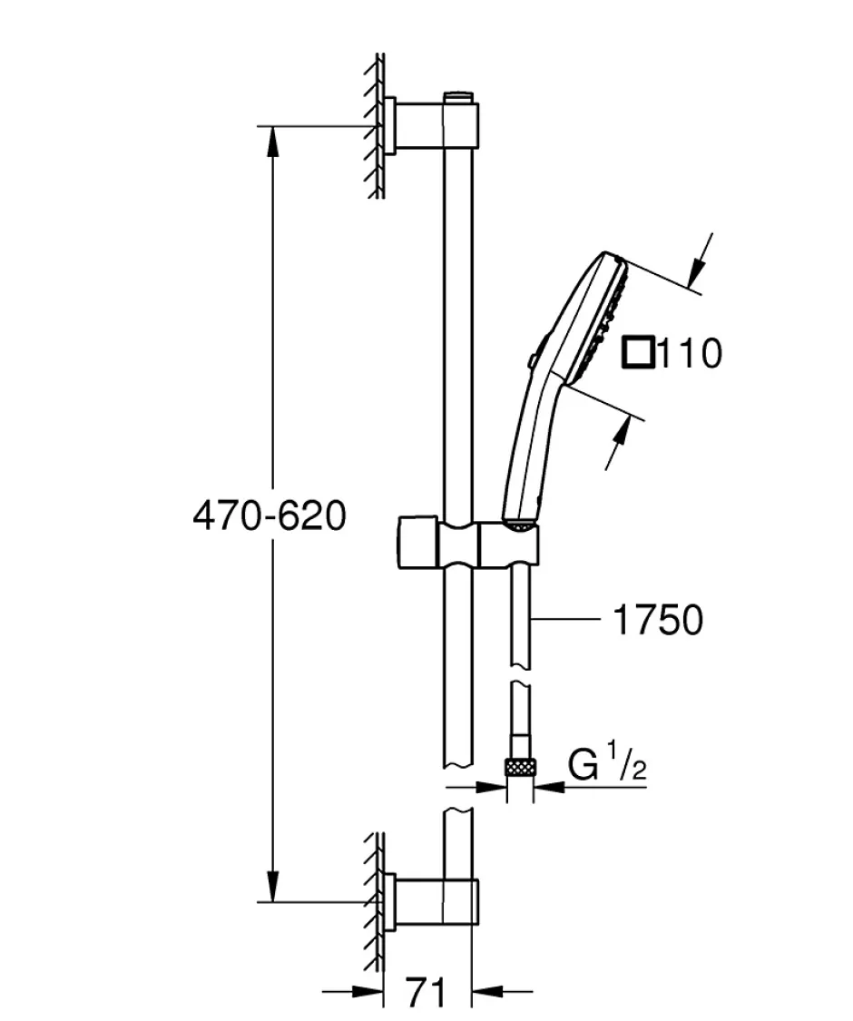 Grohe Kit de douche sans robinetterie avec douchette 2 jets + flexible + barre chrome, Vitalio Comfort 110* Colonne De Douche Sans Robinetterie