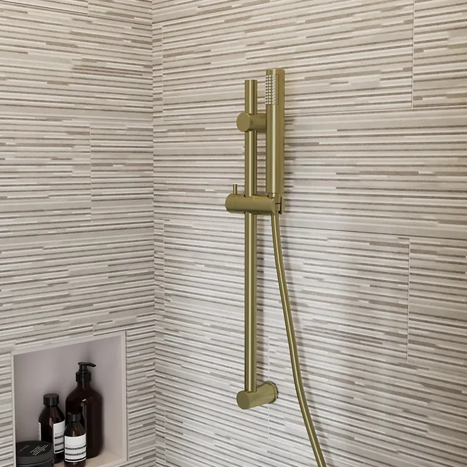 GoodHome Kit de douche sans robinetterie avec barre réglable + douchette + flexible, doré brossé, Owens* Colonne De Douche Sans Robinetterie