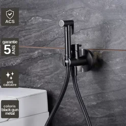 Imex Kit Douchette anti-calcaire hygiénique encastrée WC ou Bidet Salle de Bain Black Gun Métal MUNICH RDM001/BGM