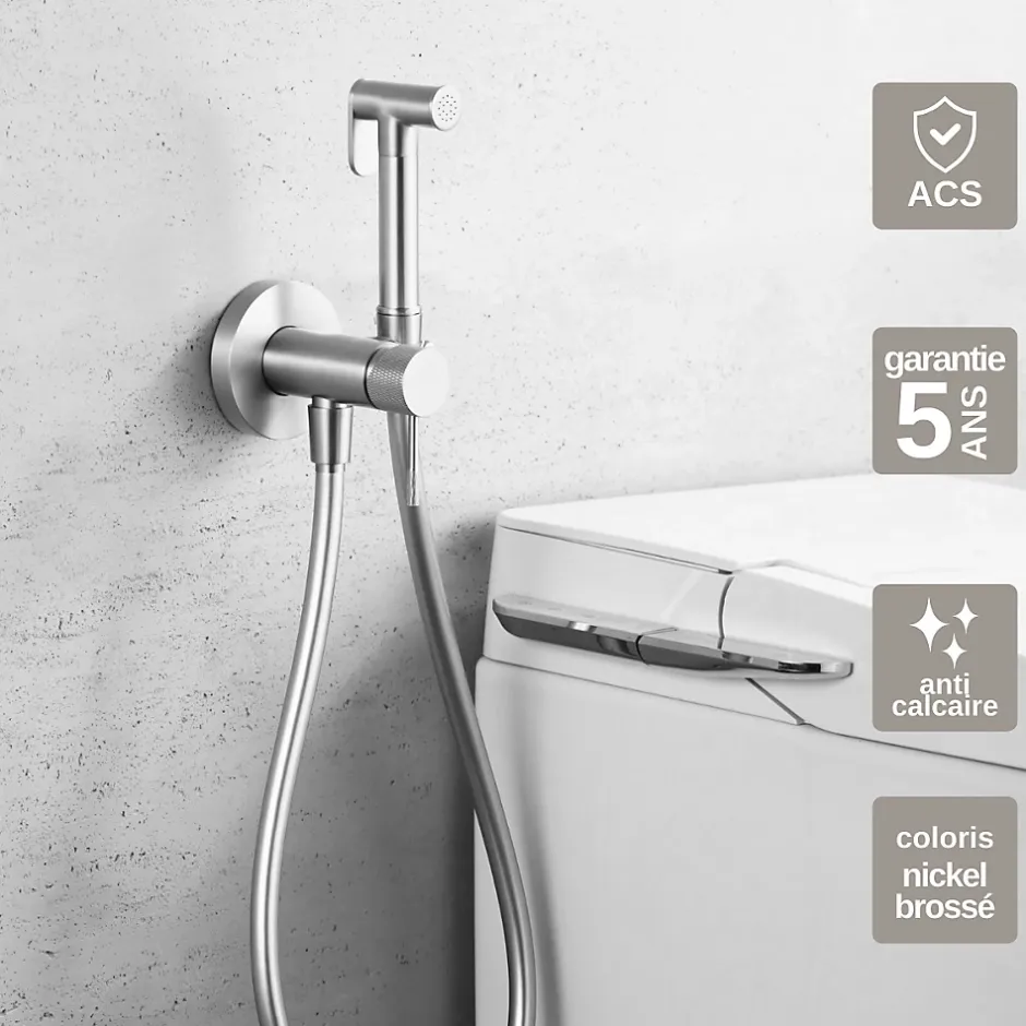 Imex Kit Douchette anti-calcaire hygiénique encastrée WC ou Bidet Salle de Bain Nickel Brossé LINE RDD038/NQ