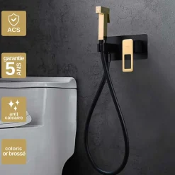 Imex Kit Douchette anti-calcaire hygiénique encastrée WC ou Bidet Salle de Bain Noir et Or SUECIA BDC032-5/NGOLD