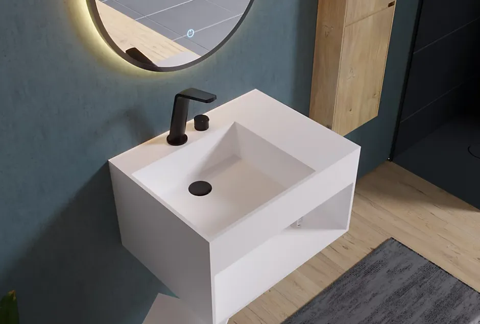 Bernstein Lavabo à suspendre 60x46x35cm en fonte minérale avec espace de rangement - blanc mat - PB2158* Lavabo