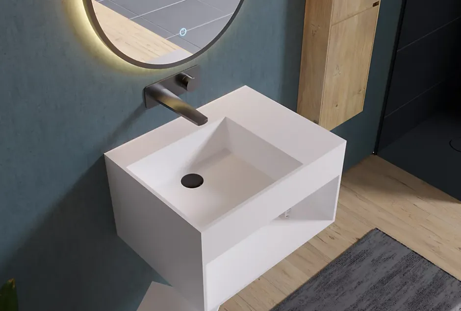 Bernstein Lavabo à suspendre 60x46x35cm en fonte minérale avec espace de rangement - blanc mat - PB2158* Lavabo