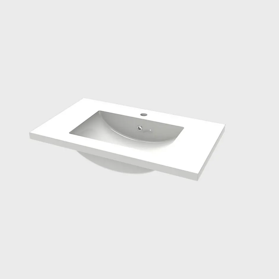 AICA Sanitaire Lavabo blanc 81x47x17.5 cm, Lavabo rectangulaire en marbre artificiel,