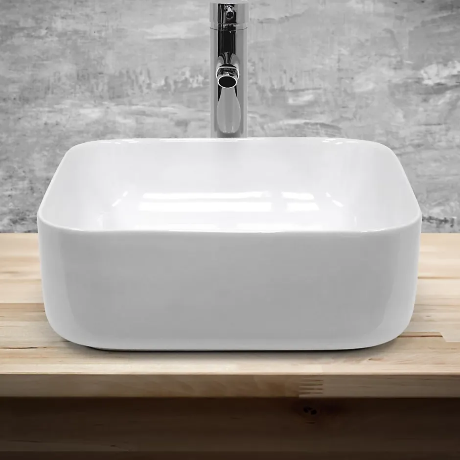 ECD Germany Lavabo carré ceramique vasque a poser salle de bain lave-mains blanc 390x390 cm* Vasque À Poser
