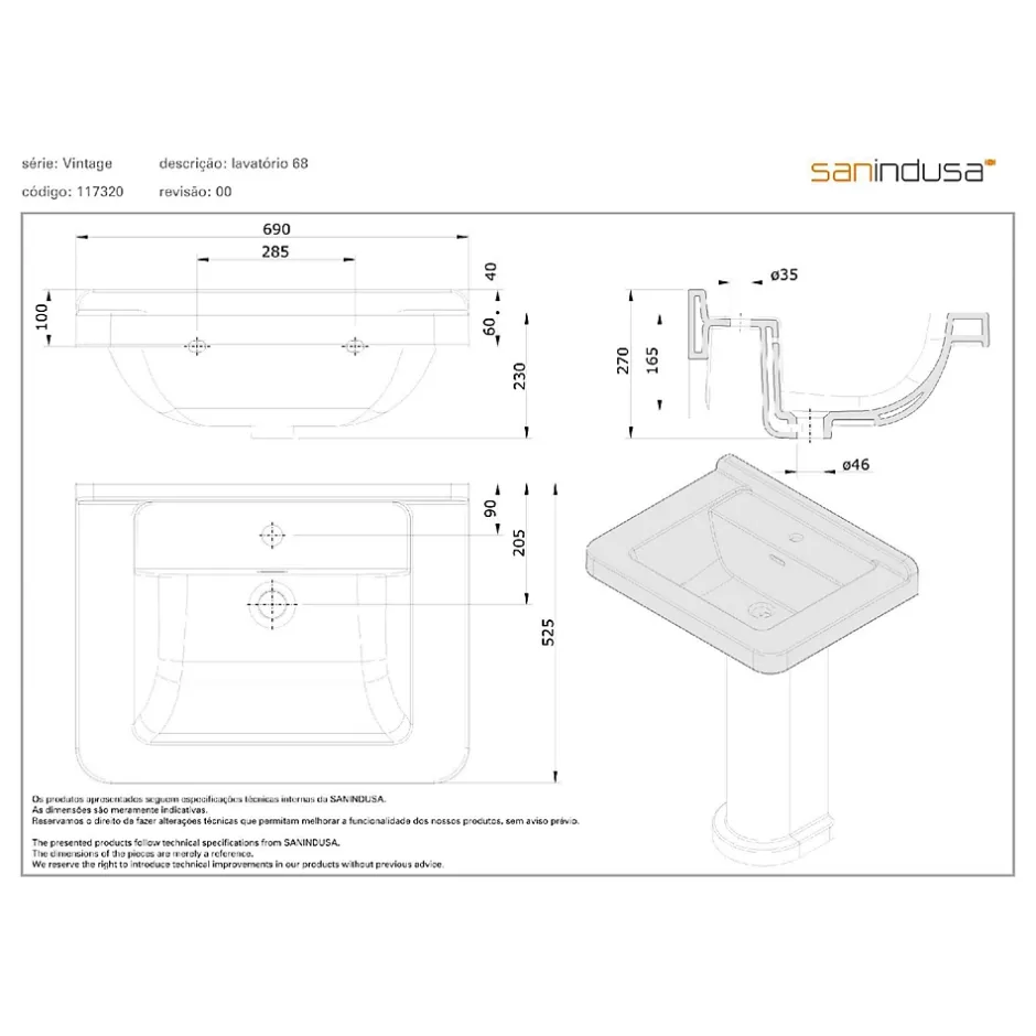 Sanindusa Lavabo 68cm céramique traditionnelle Vintage blanc (compatible avec la colonne Vintage non incluse)* Lavabo