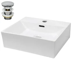 ECD Germany Lavabo en céramique blanc avec garniture de vidage vasque à poser 415 x 360 mm