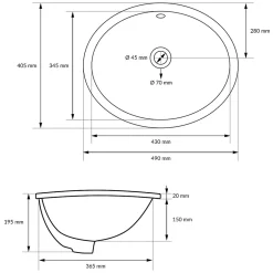 Ml-Design Lavabo en céramique blanc avec garniture de vidage et trop-plein* Vasque À Encastrer