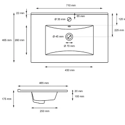 ECD Germany Lavabo en céramique blanc avec garniture de vidage et trop-plein 710x465x175 mm* Vasque À Encastrer