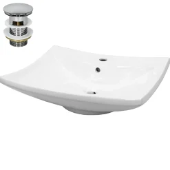 ECD Germany Lavabo en céramique blanc avec garniture de vidage lave-mains moderne 605x165 mm