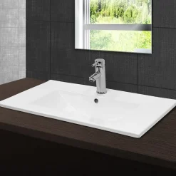 ECD Germany Lavabo en céramique blanc avec garniture de vidage lave-mains moderne 710x465 mm* Vasque À Encastrer