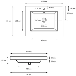 ECD Germany Lavabo en céramique blanc avec garniture de vidage lave-mains moderne 605x465 mm