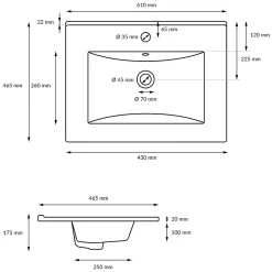 ECD Germany Lavabo en céramique blanc avec garniture de vidage et trop-plein 610x465x175 mm* Vasque À Encastrer