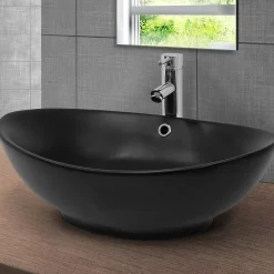 Ml-Design Lavabo en céramique noir lave-mains avec garniture de vidage 590x380x190 mm