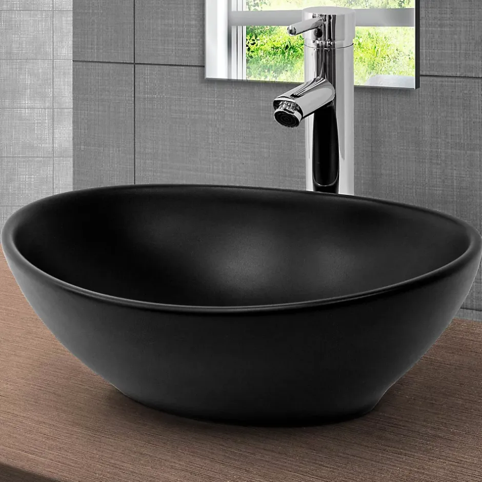 Luxebath Lavabo en céramique noir lave-mains moderne + garniture de vidage 410x335x145 mm