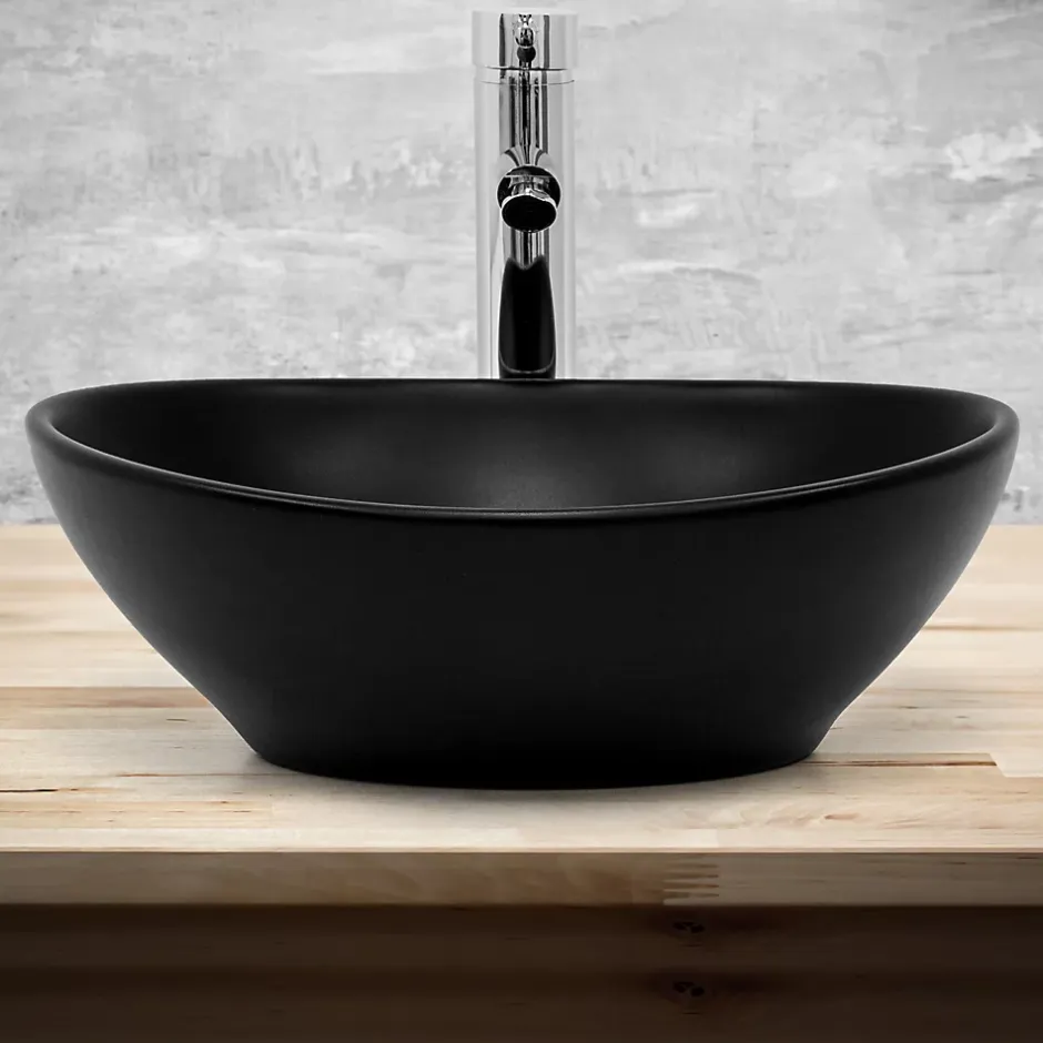 Luxebath Lavabo en céramique noir lave-mains moderne + garniture de vidage 410x335x145 mm