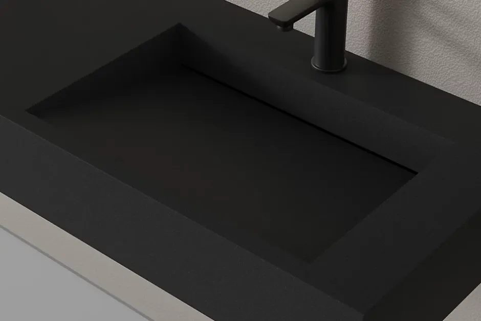 Bernstein Lavabo mural en fonte minérale 153x45x15cm Quartz noir, Sans Console métallique métallique