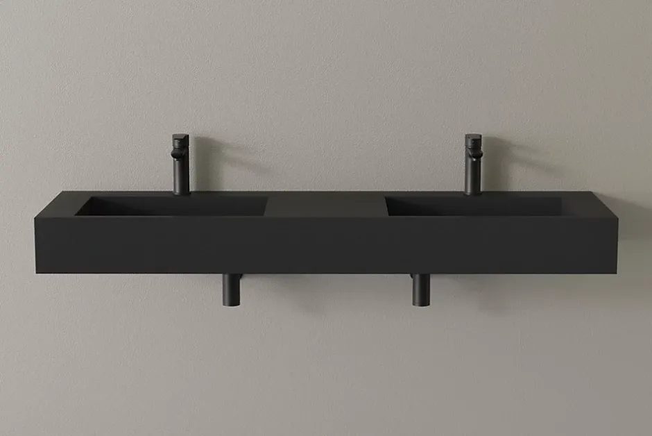 Bernstein Lavabo mural en fonte minérale 153x45x15cm Quartz noir, Sans Console métallique métallique