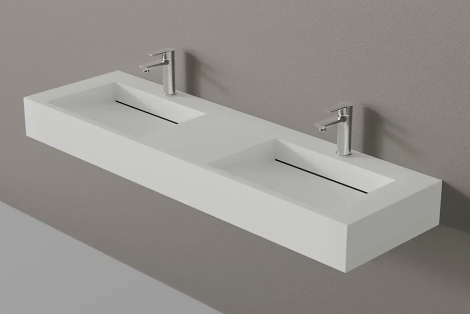 Bernstein Lavabo mural en fonte minérale 153x45x15cm Blanc mat + Console métallique suspendue 150S