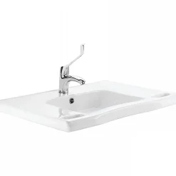 Sanindusa Lavabo mural PMR extra plat galbé normes handicapé porcelaine vitrifée NewWCCare 76x52 blanc avec trop plein
