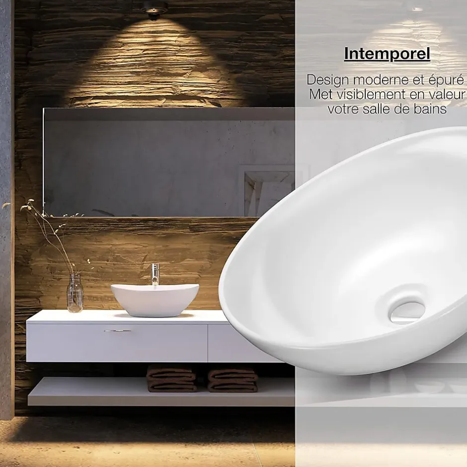 Nature Pro Lavabo ovale avec effet lotus Vasque à poser sans trou pour robinet blanc pur, 41 x 33 x 14,5 cm* Lavabo